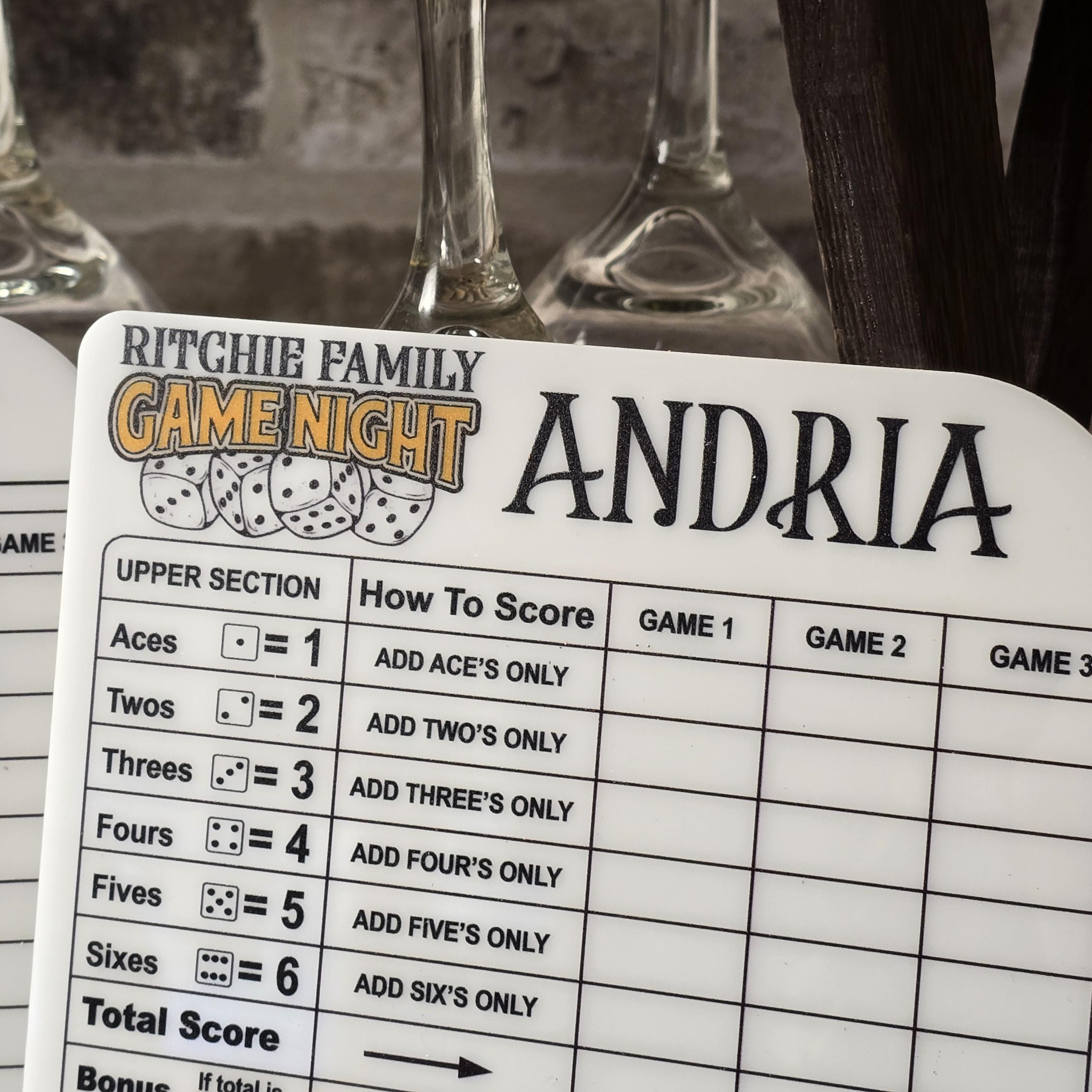 Personalized Dry Erase Dice Game Score Sheet, Used with Yahtzee, Farkle and More, Family Game Night Score Sheet