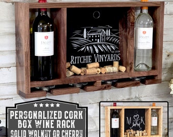 Handcrafted Cherry or Walnut Wood Cork Box Wine Rack with Personalized Acrylic Front