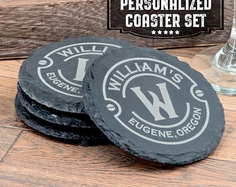 Personalized Laser Engraved Slate Coaster Set- Topper Edition | Custom Text | Perfect Housewarming or Wedding Gift