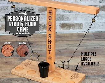 Personalized Ring & Hook Game, Solid Cherry or Walnut Ring Toss Game, Hook Shot Game, Table Top Ring Game