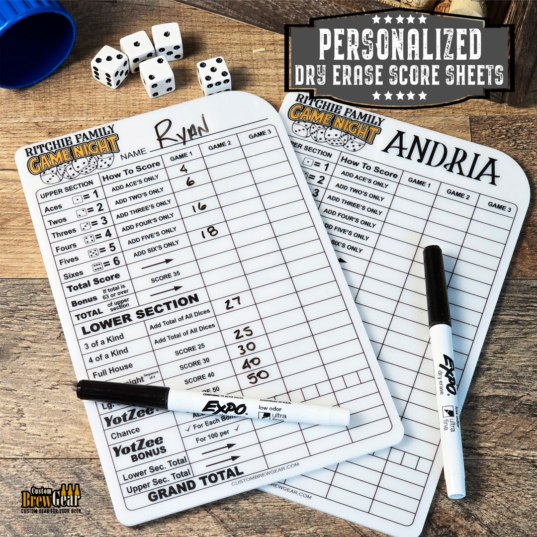 Personalized Dry Erase Dice Game Score Sheet, Used With Yahtzee, Farkle