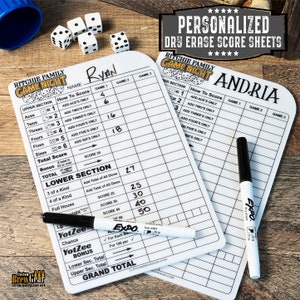 Personalized Dry Erase Dice Game Score Sheet, Used with Yahtzee, Farkle and More, Family Game Night Score Sheet