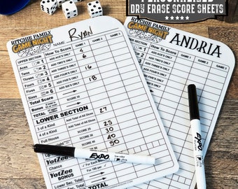 Personalized Dry Erase Dice Game Score Sheet, Used with Yahtzee, Farkle and More, Family Game Night Score Sheet