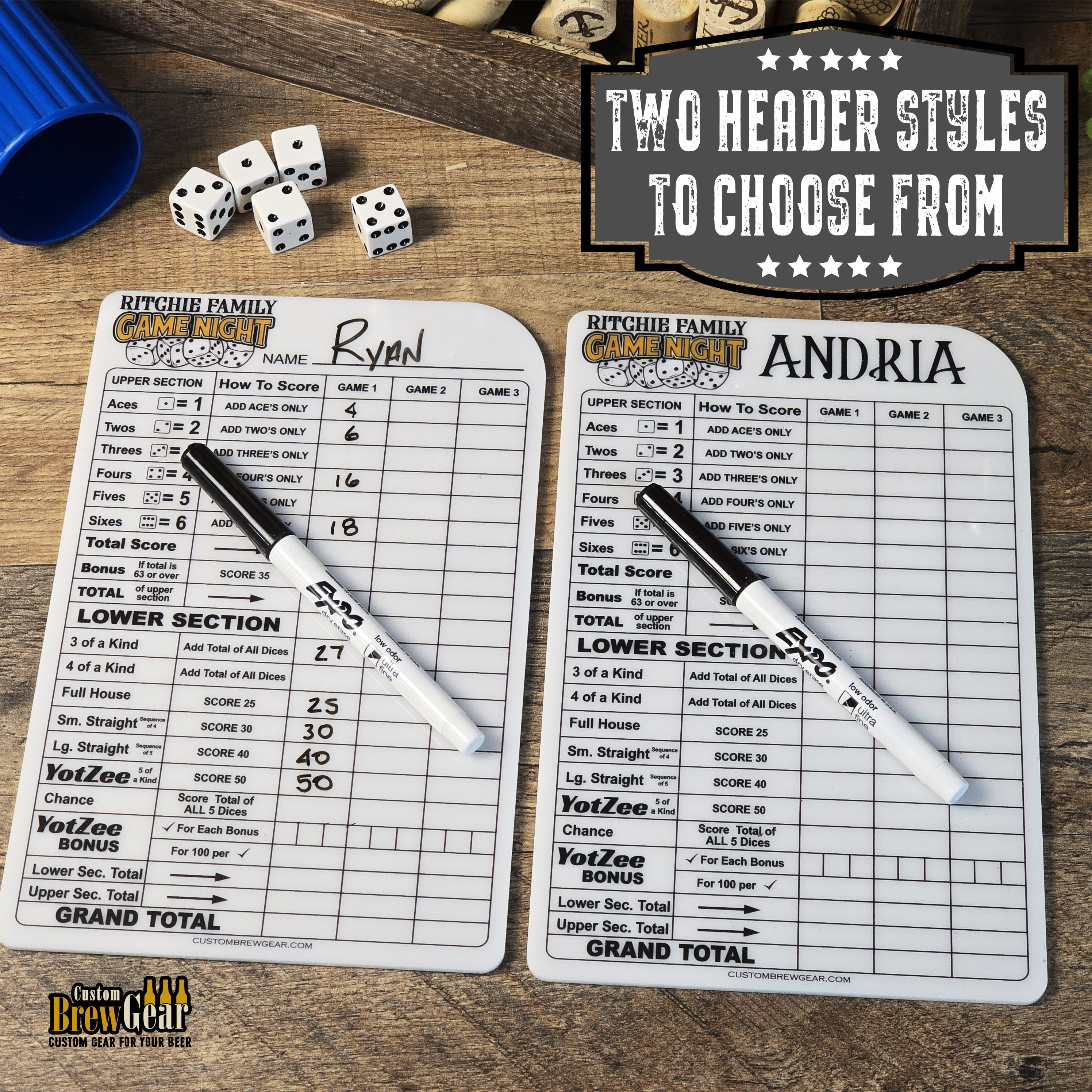 Personalized Dry Erase Dice Game Score Sheet, Used with Yahtzee, Farkle and More, Family Game Night Score Sheet