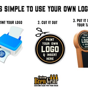 May include: A three-step guide on how to use your own logo on a beer tap. The steps are: 1. Print your logo, 2. Cut it out, 3. Put it on your tap. The image shows a printer, scissors, and a beer tap with a logo.