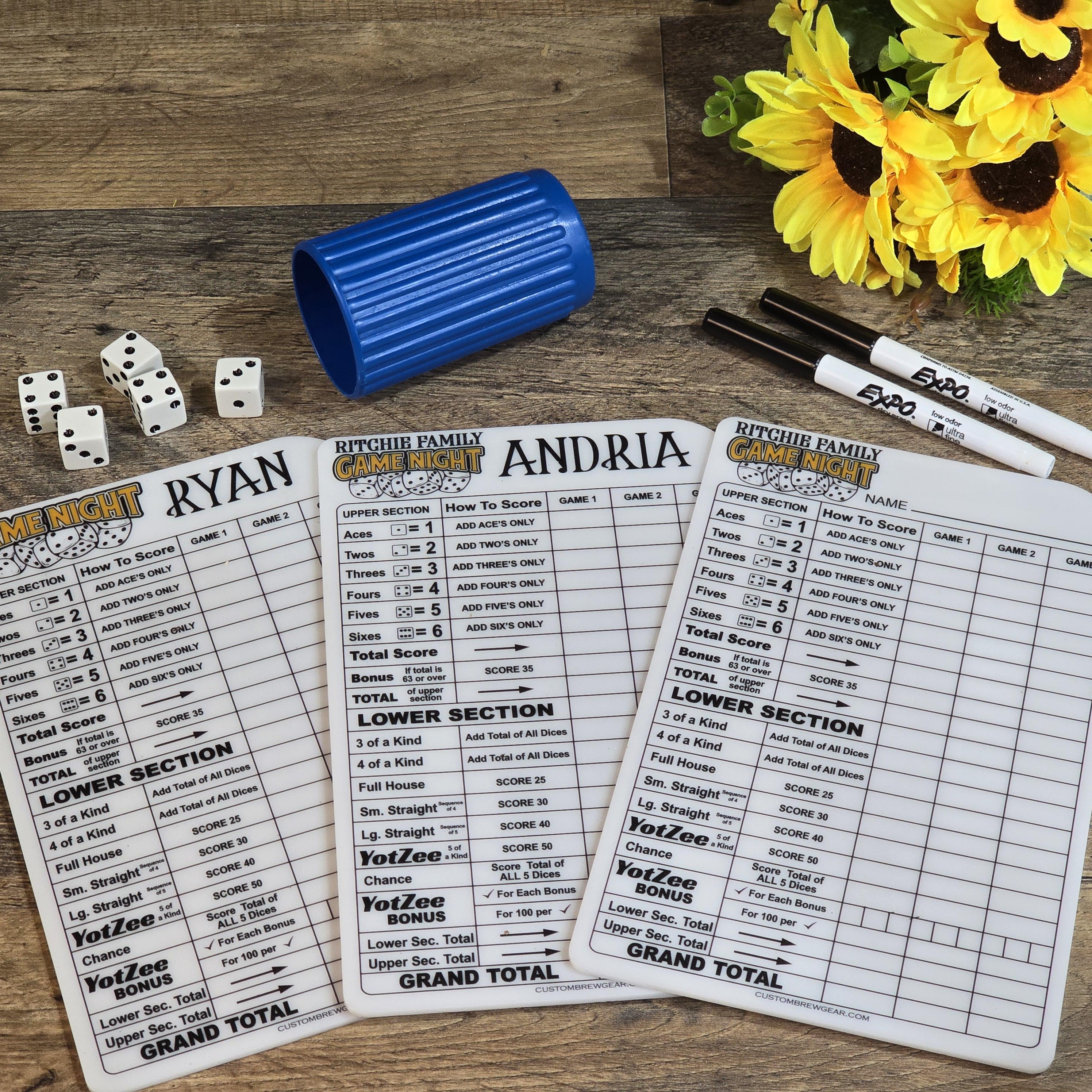 Personalized Dry Erase Dice Game Score Sheet, Used with Yahtzee, Farkle and More, Family Game Night Score Sheet