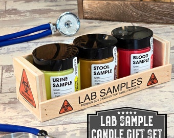 Medical Lab Sample Candles, Stool Sample, Urine Sample, Blood Sample Gift Set in Wooden Crate, Nurse Gift, Doctor Gift, Funny Medical Gift