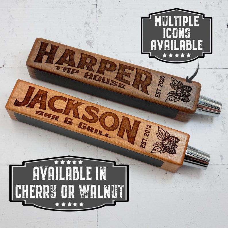 Laser engraved personalized beer tap handle. Available in cherry or walnut.