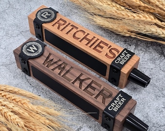 Personalized Tap Handle with Metal Straps, Custom Beer Tap Handle, Engraved Walnut or Cherry Wood, Kegerator Handle, Home Bar Gift for Him