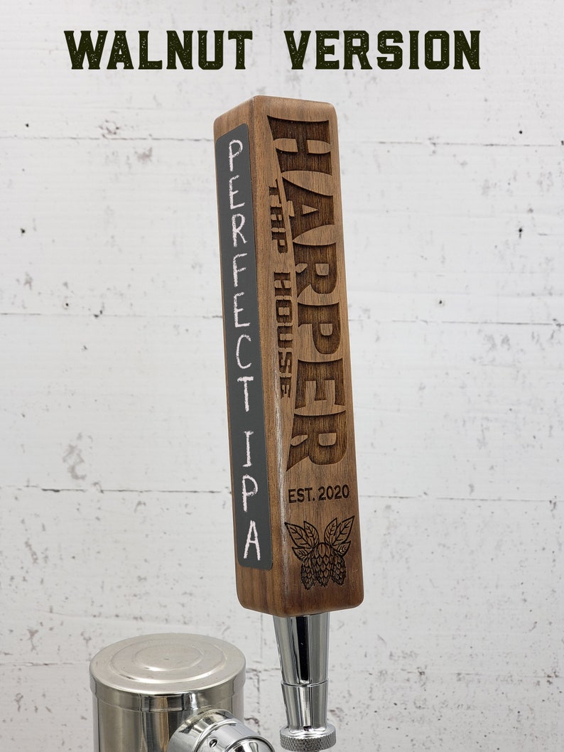 Walnut version of our laser engraved personalized beer tap handle.