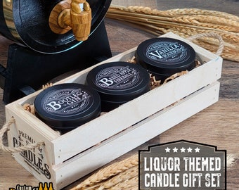 Liquor Themed Candle Gift Set- Bootleg Gin, Vanilla Bourbon, and Baked Apple Fireball Scented Candles in a Wooden Crate