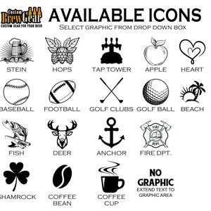 Icons available on our Laser engraved personalized beer tap handle. Available in cherry or walnut.