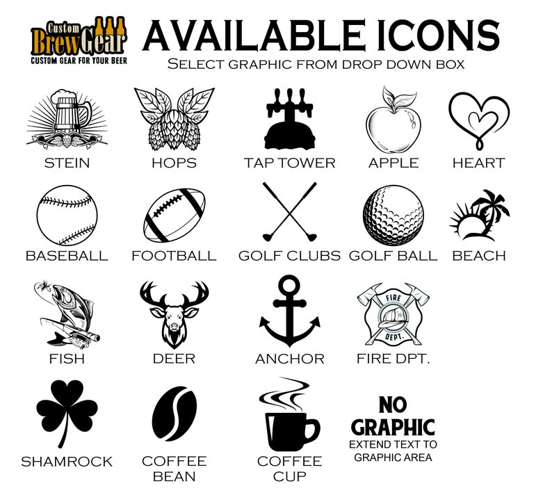 Icons available on our Laser engraved personalized beer tap handle. Available in cherry or walnut.