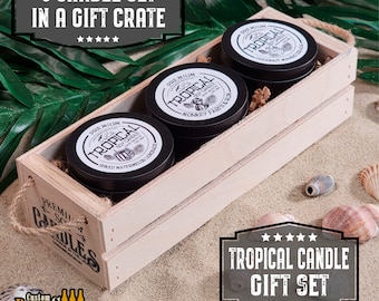 Tropical Candle Gift Set- Monkey Farts, Coconut Mango Colada, and Spiked Watermelon Lemonade Scented Candles in a Cute Wooden Crate