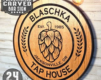 Rustic Carved Bar Sign - Custom Barrel Head Design - 24" Diameter - Steel Frame