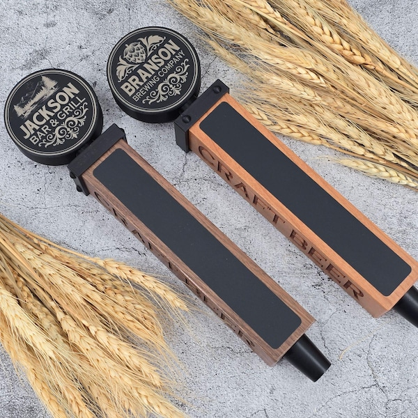Personalized Beer Tap Handle – Black Label Round Edition – Custom Cherry or Walnut Wood with Black Ferrule
