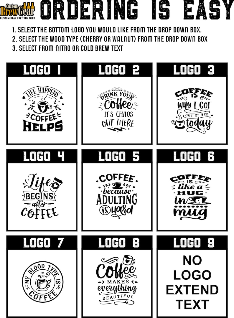May include: A graphic showing nine different coffee-themed logos. The logos feature various coffee-related sayings and images, such as "Life Happens Coffee Helps", "Drink Your Coffee It's Chaos Out There", and "Coffee is Why I Got Out of Bed Today".