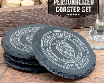 Personalized Laser Engraved Slate Coaster Set- Hop Edition | Custom Text | Perfect Housewarming or Wedding Gift