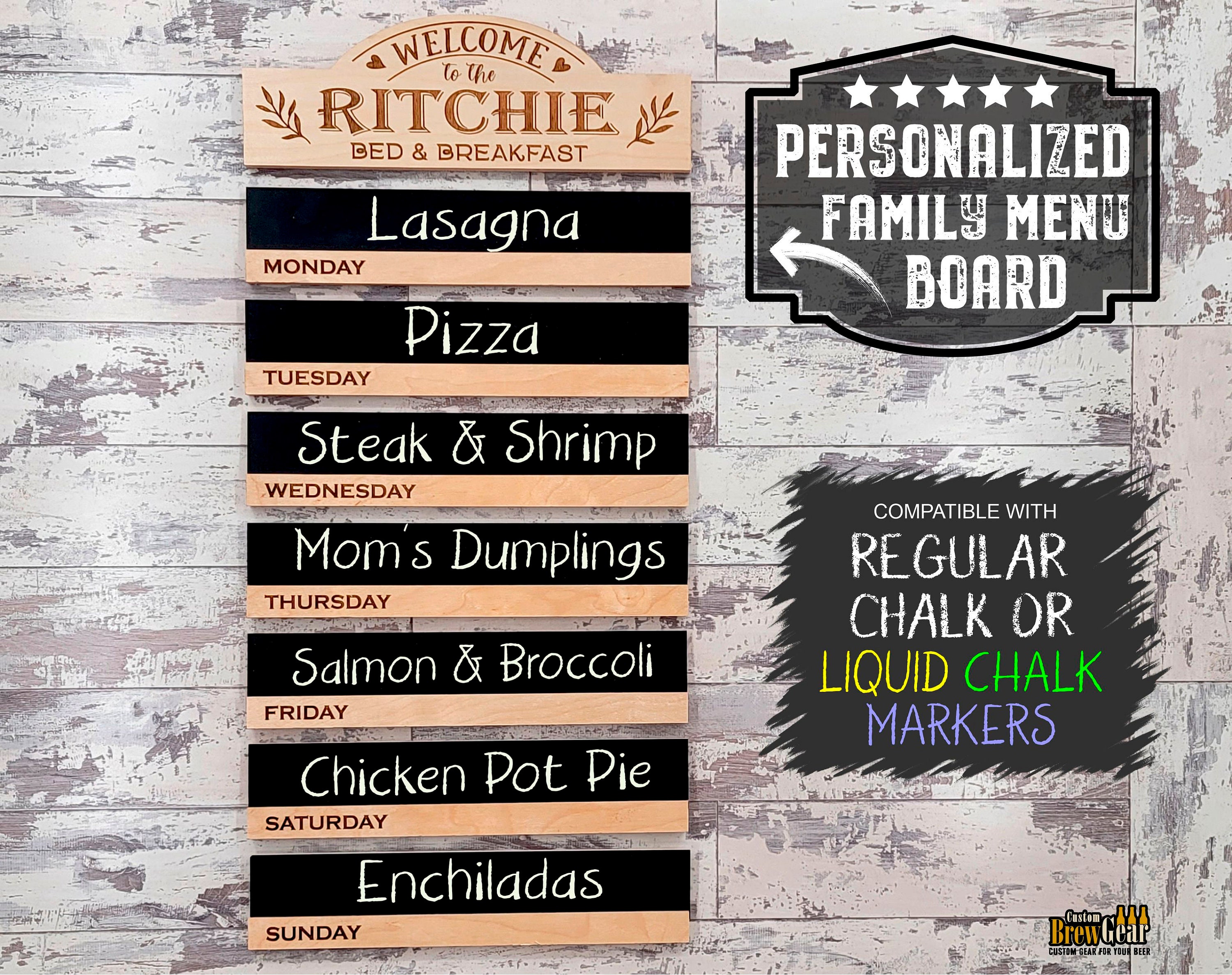 Reclaimed Wood Weekly Menu Board With Clips and Mini Chalkboard Slats,  Vintage Farmhouse Kitchen Display Sign, Rustic Decor. 