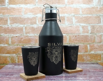 64oz Personalized Growler and Pint Glass Set - Insulated Custom Stainless Steel Growler