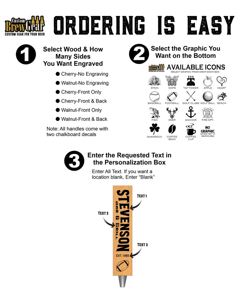 How to order our laser engraved personalized beer tap handle. Available in cherry or walnut.
