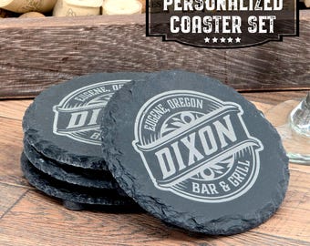 Personalized Laser Engraved Slate Coaster Set- Banner Edition | Custom Text | Perfect Housewarming or Wedding Gift