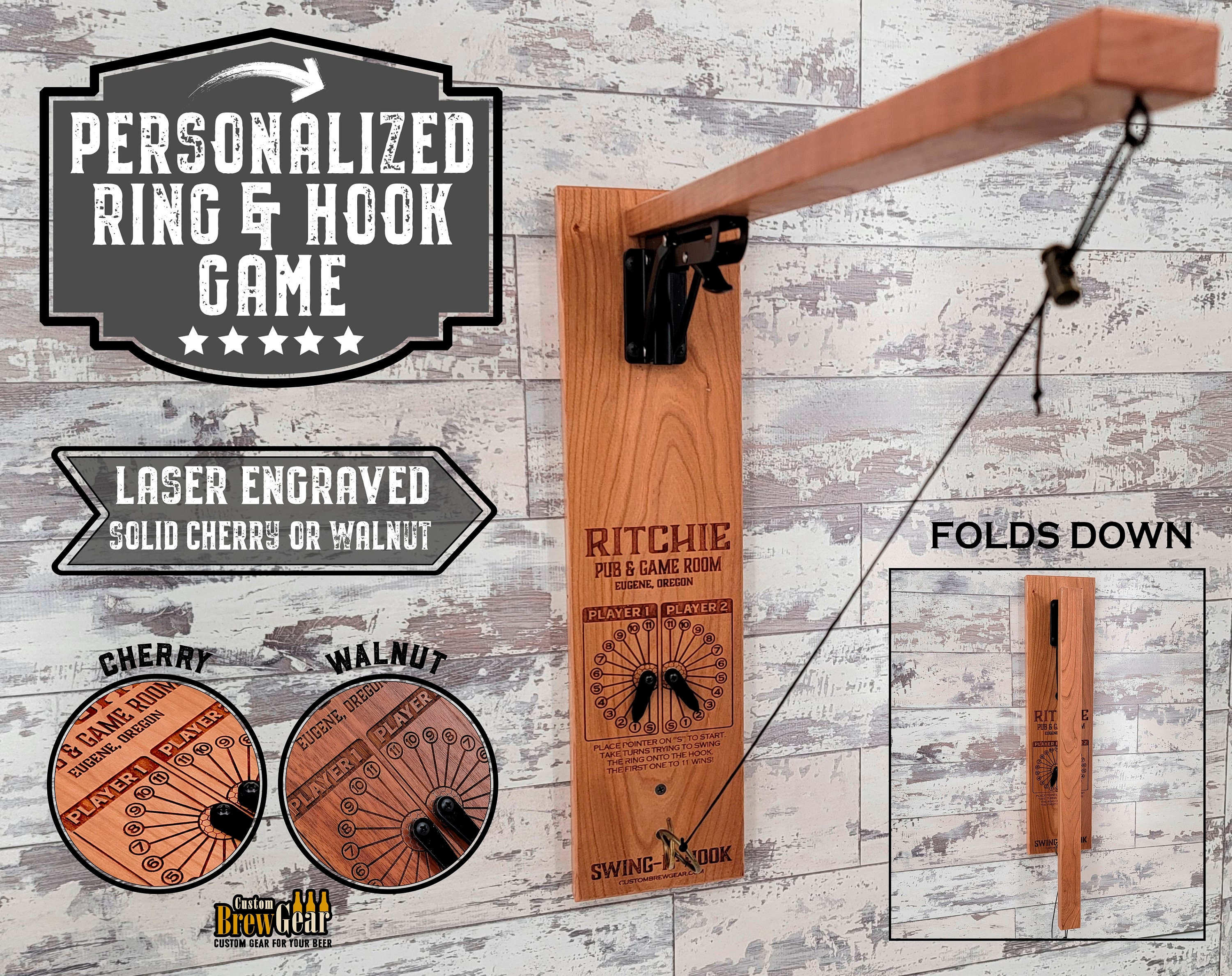 Folding Wall Mount Ring and Hook Game-solid Cherry or Walnut pic