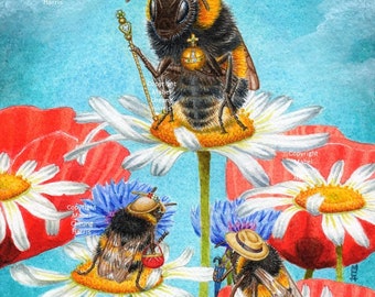 Original painting A5: Queen Buff-tailed bumblebee and courtiers on summer flowers