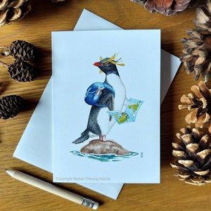 Carte de voeux x3 : carte de pingouin sauteur sac à dos off en voyage