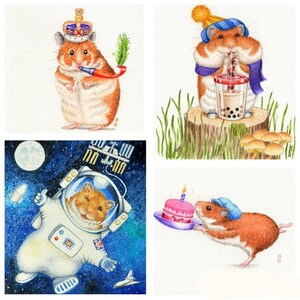 Tarjetas de felicitación x3 o x4: Colección de hámster dorado de 4 diseños o 3 de un diseño