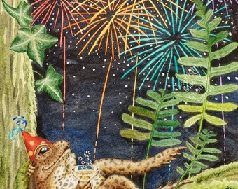 Giclee print A4+: Common Toad Drinking with Fireworks. Limited edition (mount and frame not included)