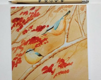 Greetings card x3: Nuthatch pair in autumn