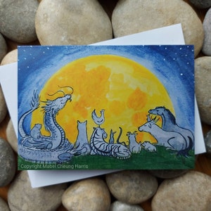 Grußkarte x3: Ernte Mondaufgang mit Chinesischen Sternzeichen Tieren.  Moonwatching mit Freunden. Chinesisches Neujahrsfest.