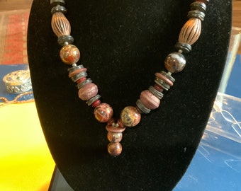 necklace with beads from Ghana, coral, leather tassels  and lampwork bead