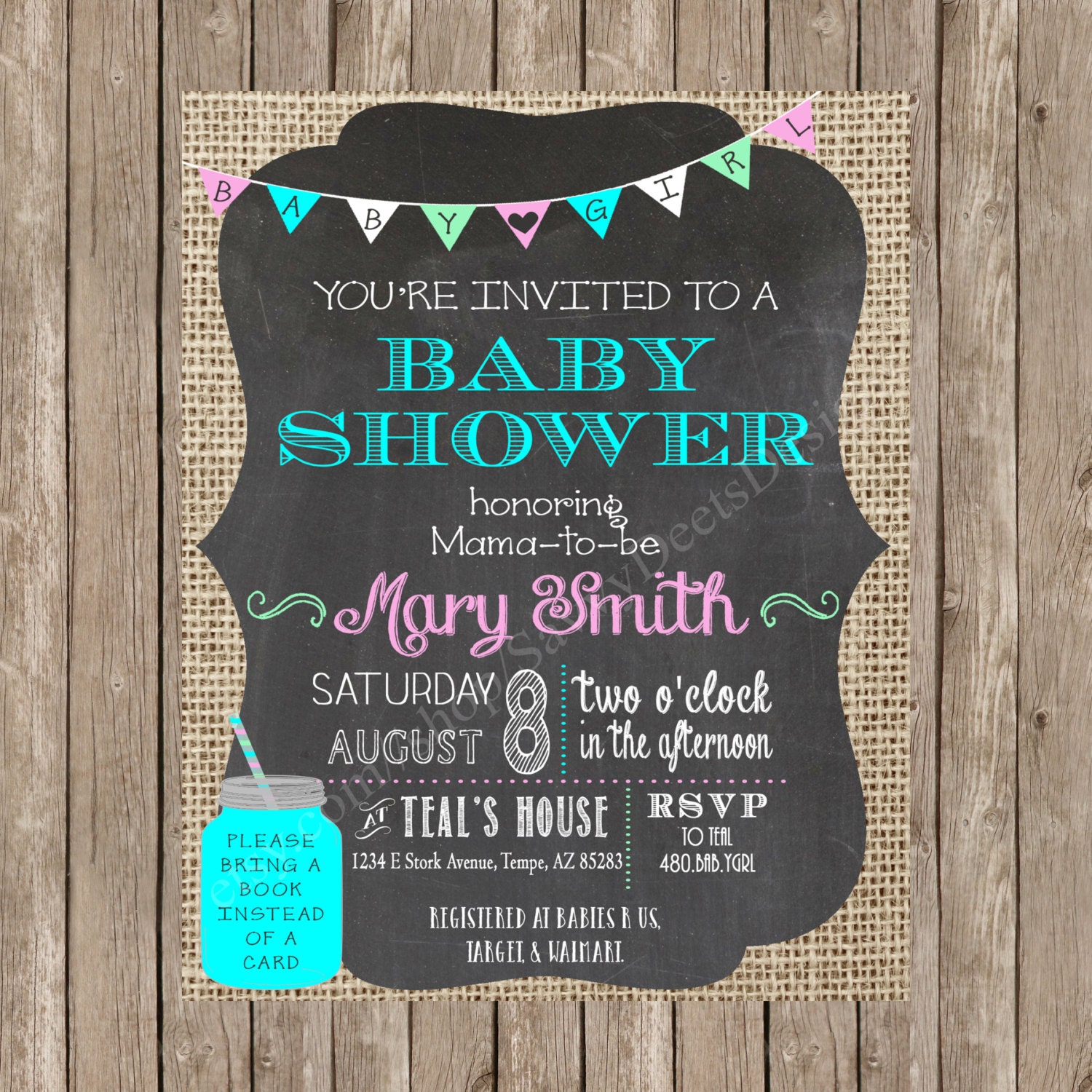 Chalkboard Burlap & Mason Jar Baby Shower Invitation Etsy