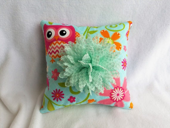 Owl Bed Decor Small Bed Pillow Owl Decor Pillow Small Owl Pillow Bedroom Decor Girl Owl Pillow Mint Lace Flower Small Flower Pillow