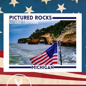 Pictured Rocks Photo Poster, Michigan wall art, Upper Peninsula Art Print, Lake Superior Photo, USA Decor, Patriotic Decor, American Flag