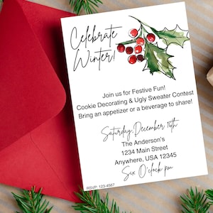 De aanpasbare uitnodiging van het feest van de winter - vier de winter! Pas deze uitnodiging aan in Canva! Directe download!
