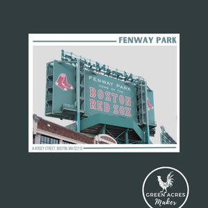 May include: A green and white sign with the text "Fenway Park, Home of the Boston Red Sox" and the address "4 Jersey Street, Boston, MA 02215".