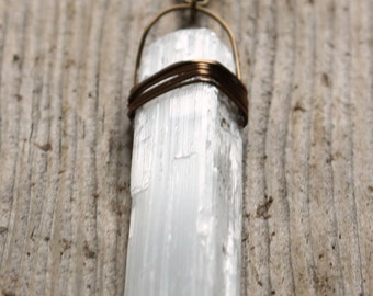 Selenite Wand Crystal Antique Brass Necklace