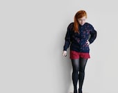 Vintage navy blue cardigan sweater with burgundy red flowers, retro sweater with shoulder pads