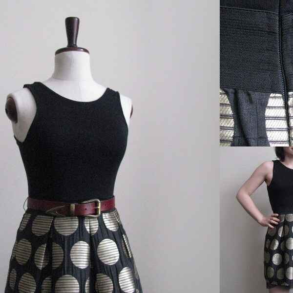 Small black and gold dress with striped circles and tulle, 80s