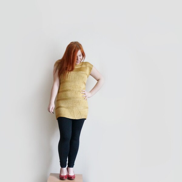 Vintage gold striped sweater vest, gold oversized sweater