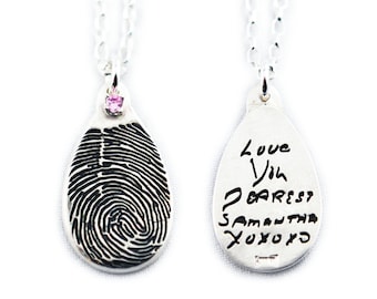 Fine Silver Teardrop Fingerprint Necklace, Handwriting Engraving, Birthstone Pendant