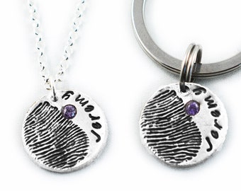 Fingerprint Necklace, Fingerprint Jewelry - Fingerprint Pendant with name and with or without birthstone