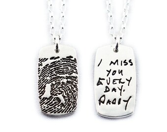 Handwriting and Fingerprint on a Silver Dog Tag Pendant - Signature Necklace - Memorial Jewelry for Men and Women - Handwriting Jewelry