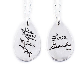 Memorial Jewelry Signature Necklace Your Loved One's Actual Writing or Signature on a Tear Drop Silver Pendant - Handwriting Jewelry