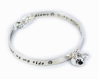Sterling Silver Pet Memorial Bangle Bracelet, Custom Engraved Paw Print Charm