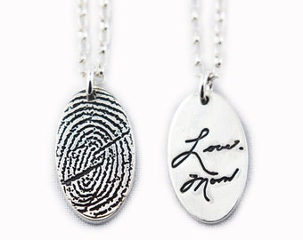 Actual Writing Signature and Fingerprint on a Silver Pendant - Signature Necklace - Memorial Jewelry for Men and Women - Handwriting Jewelry