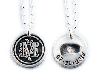 Silver Monogram fingerprint Pendant - name or birthdate - child, mom or dad's fingerprint pendant